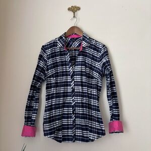 Beluva Pleated Blue Plaid Button Up Shirt Large Preppy Classic Style